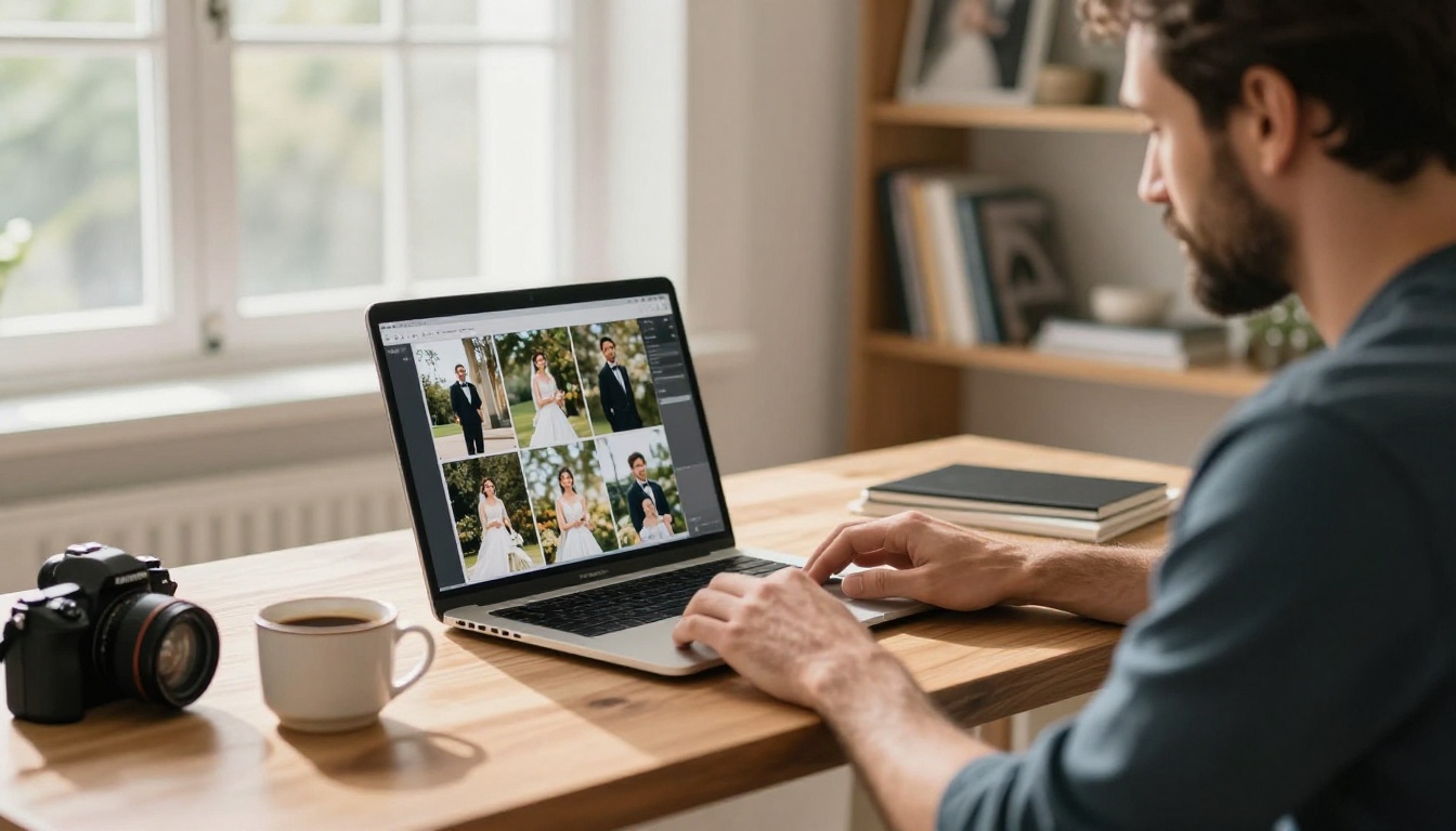 Wedding photographer reviewing a digital flipbook portfolio on a laptop in a professional home studio