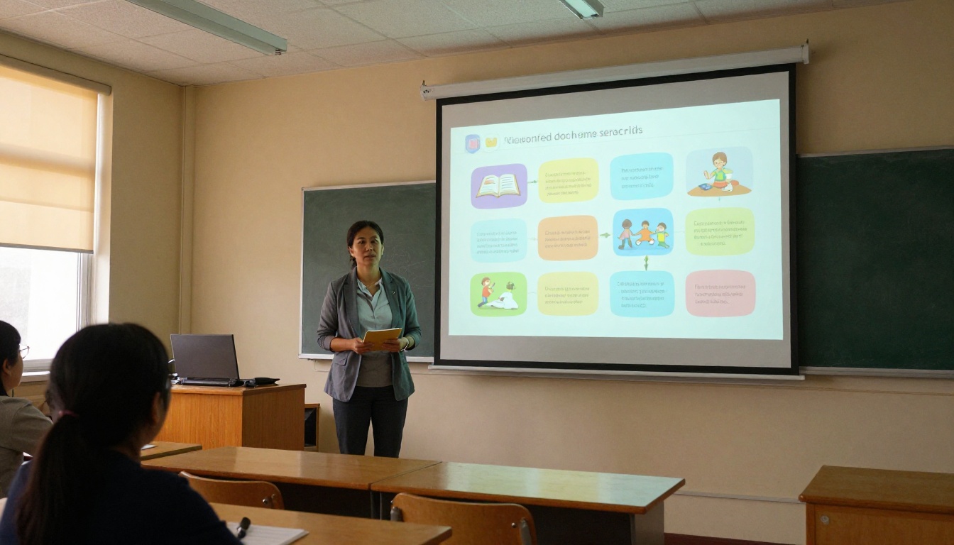 Teacher presenting an interactive digital flipbook on a classroom projector
