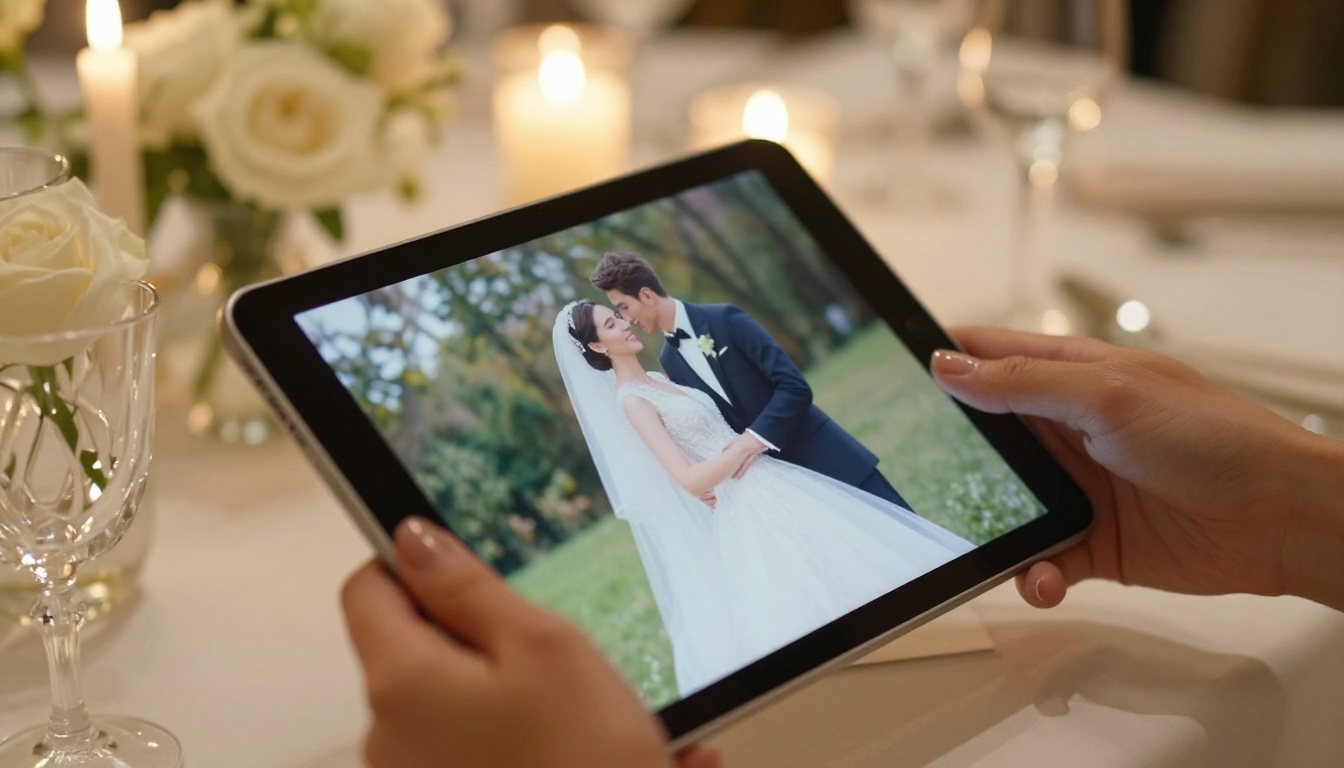 Elegant hands holding a tablet displaying a wedding flipbook at a luxury reception table with candlelight bokeh