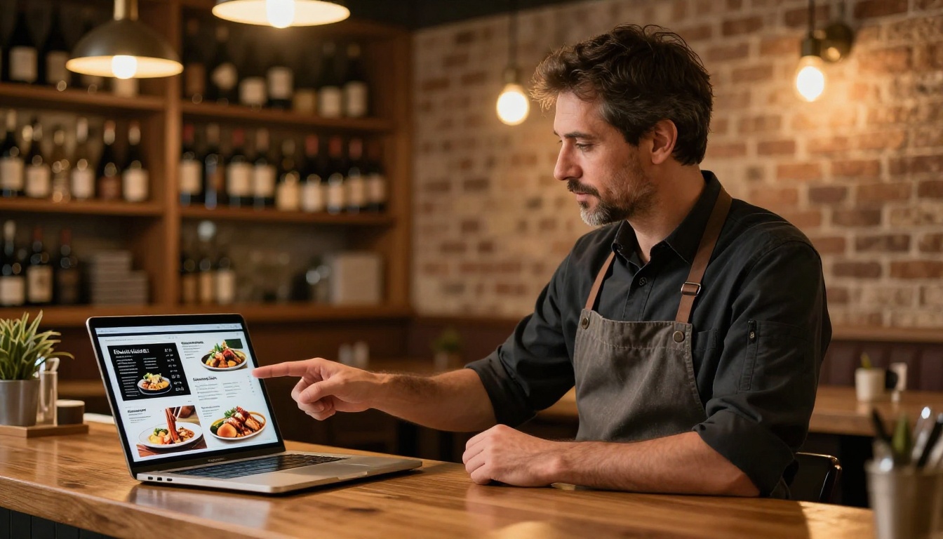 Restaurant owner pointing at a digital menu flipbook on a laptop