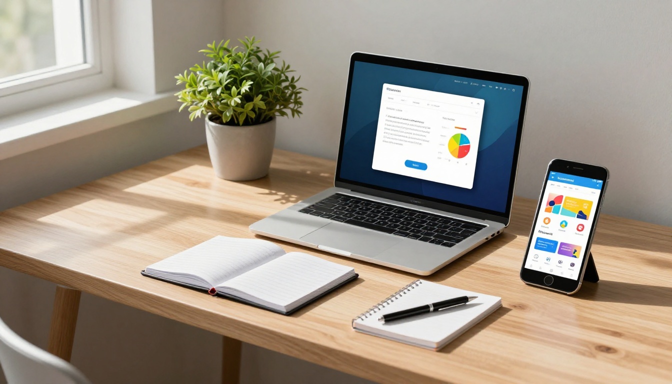 Home office desk with laptop, tablet, and phone all displaying the same flipbook across devices