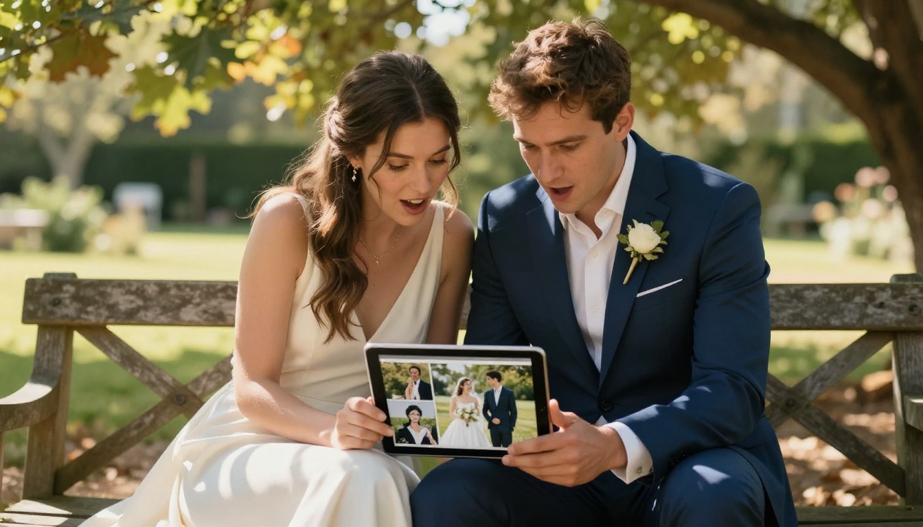A bride and groom sitting together in a sunlit garden looking at their wedding flipbook on a tablet with joy
