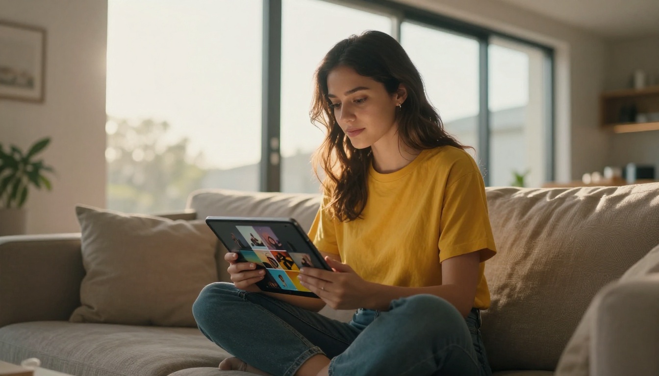 Young woman on sofa browsing a creative portfolio flipbook on a tablet
