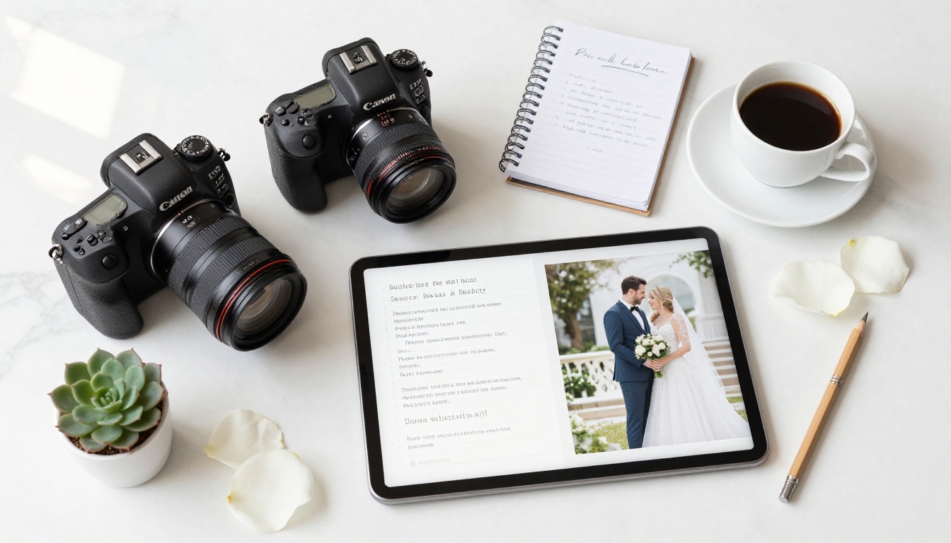 Professional photographer's workspace flat-lay showing camera, lenses, tablet with wedding flipbook, and white roses on marble