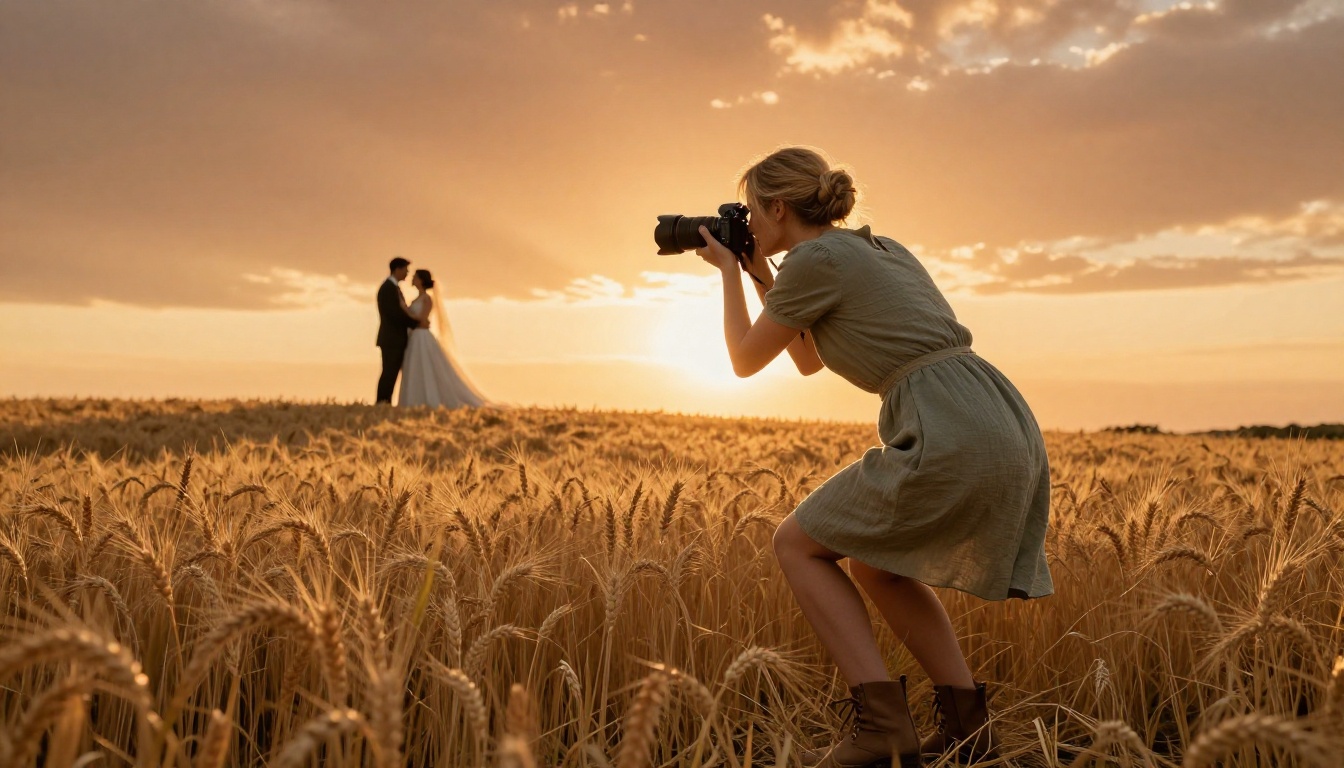 Wedding photographer crouching in a golden wheat field at sunset, capturing silhouetted couple on a hilltop