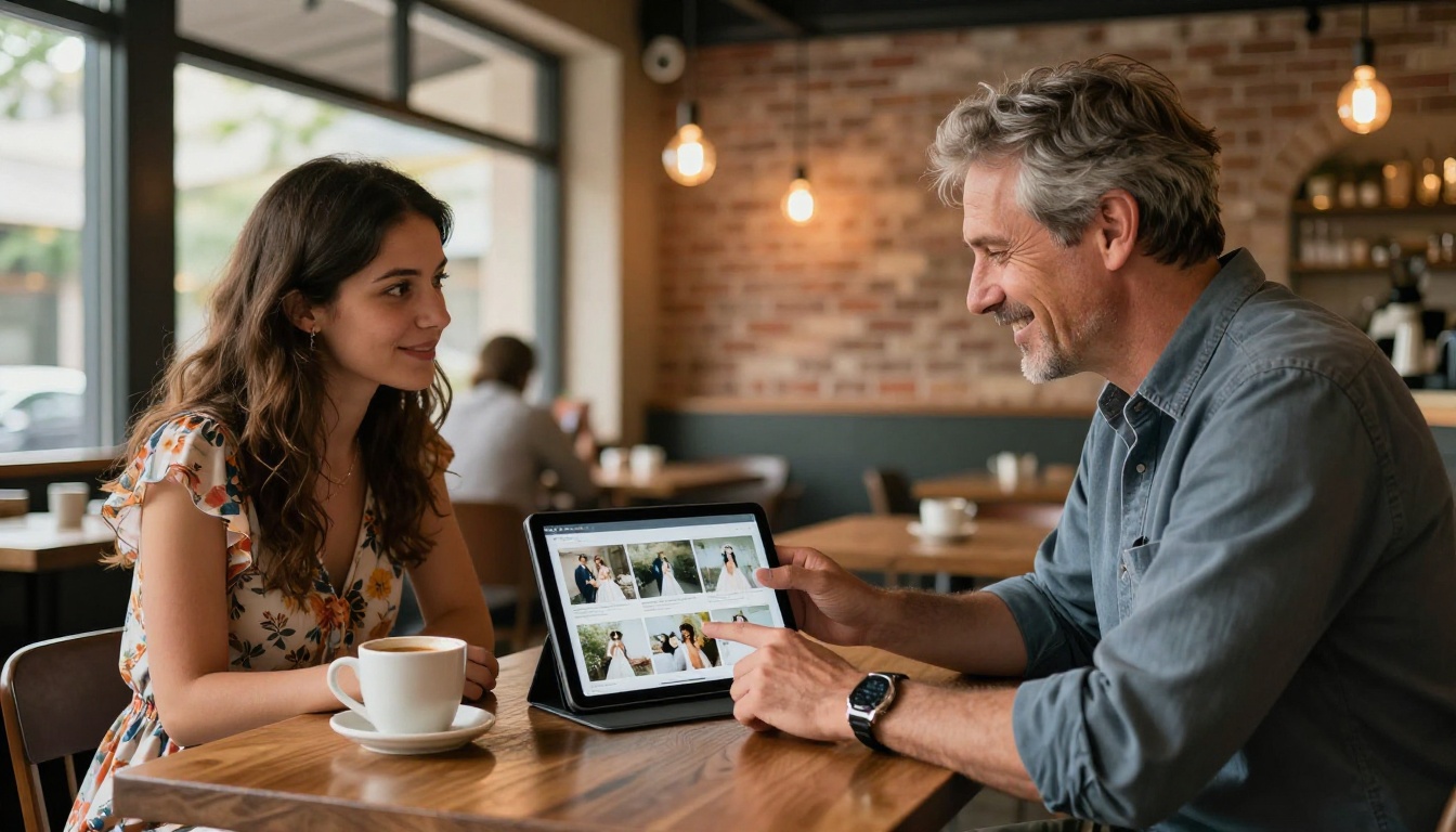 Wedding photographer presenting a digital portfolio flipbook on a tablet to a couple in a warm coffee shop setting