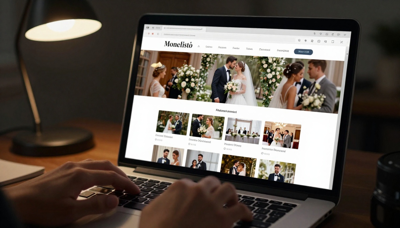A laptop screen showing a photography portfolio website with a wedding flipbook embedded, displayed in a moody home office