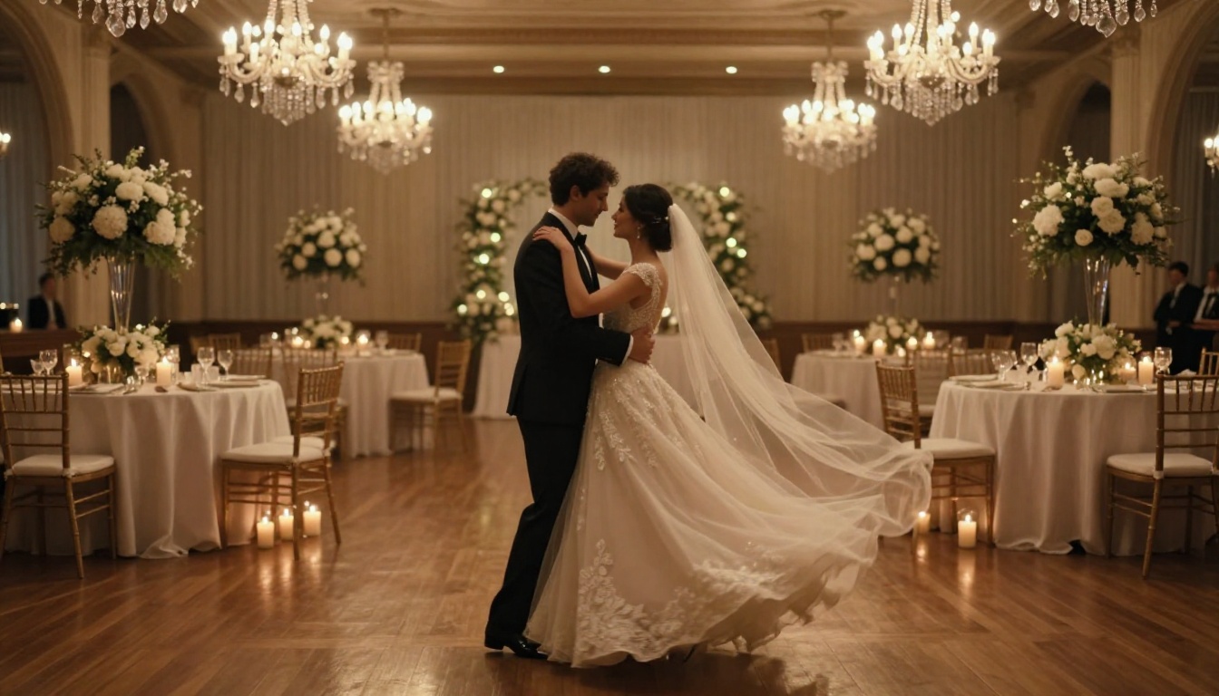 A couple sharing their first dance at a romantic wedding reception with crystal chandeliers and warm candlelight bokeh