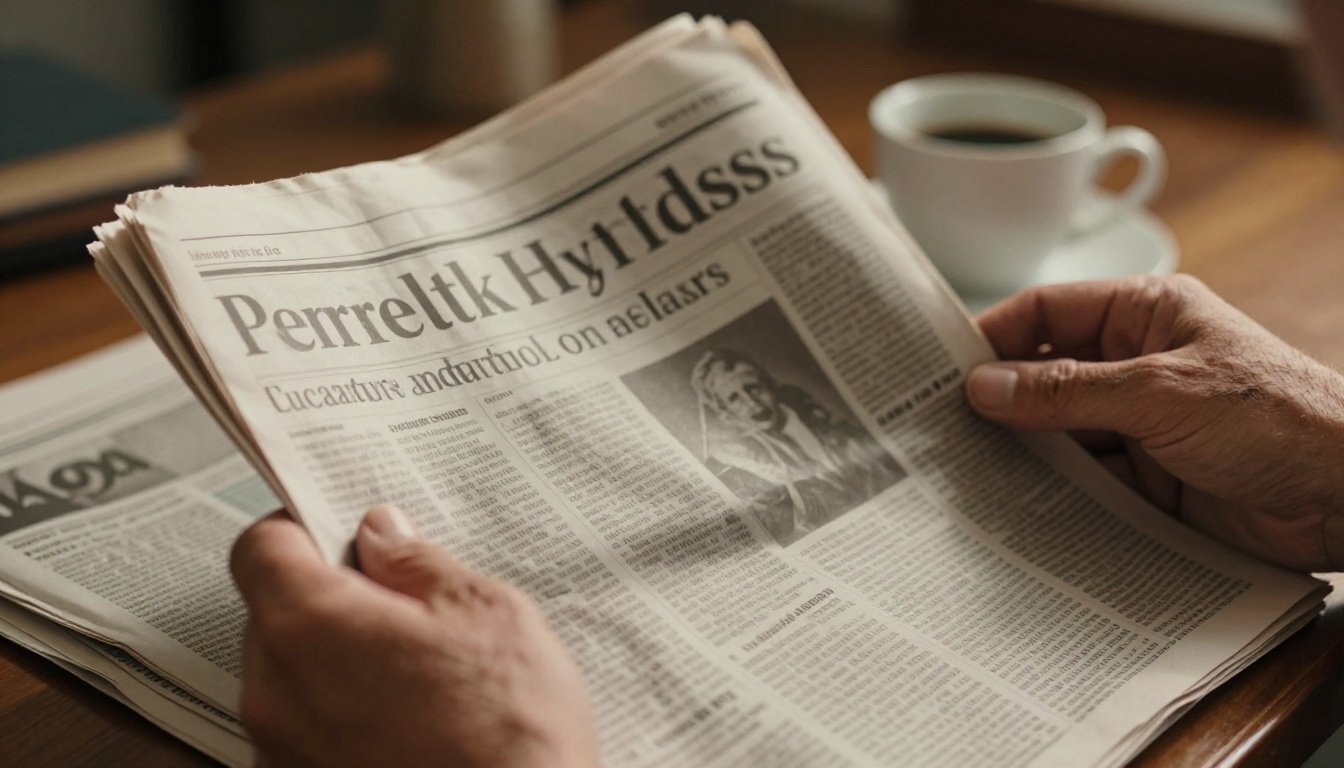 Newspaper editor's hands holding open a broadsheet in warm morning editorial light