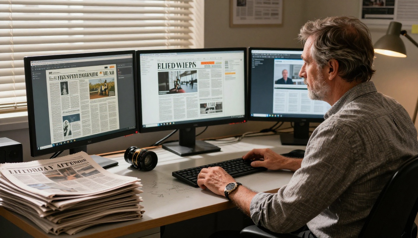 Experienced newspaper editor reviewing digital editions across multiple monitors