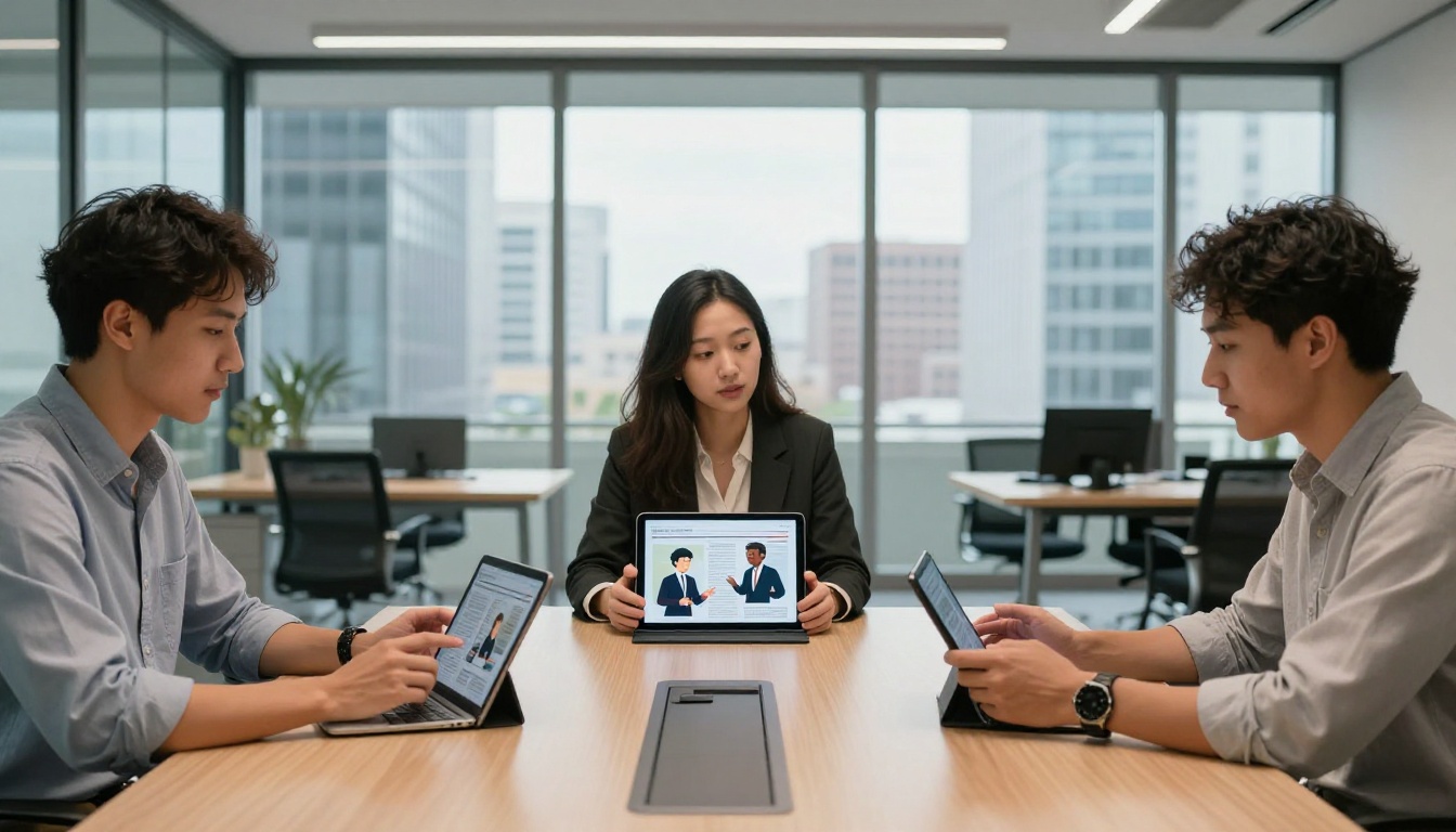 Media professionals reviewing interactive newspaper content together on tablets in a conference room