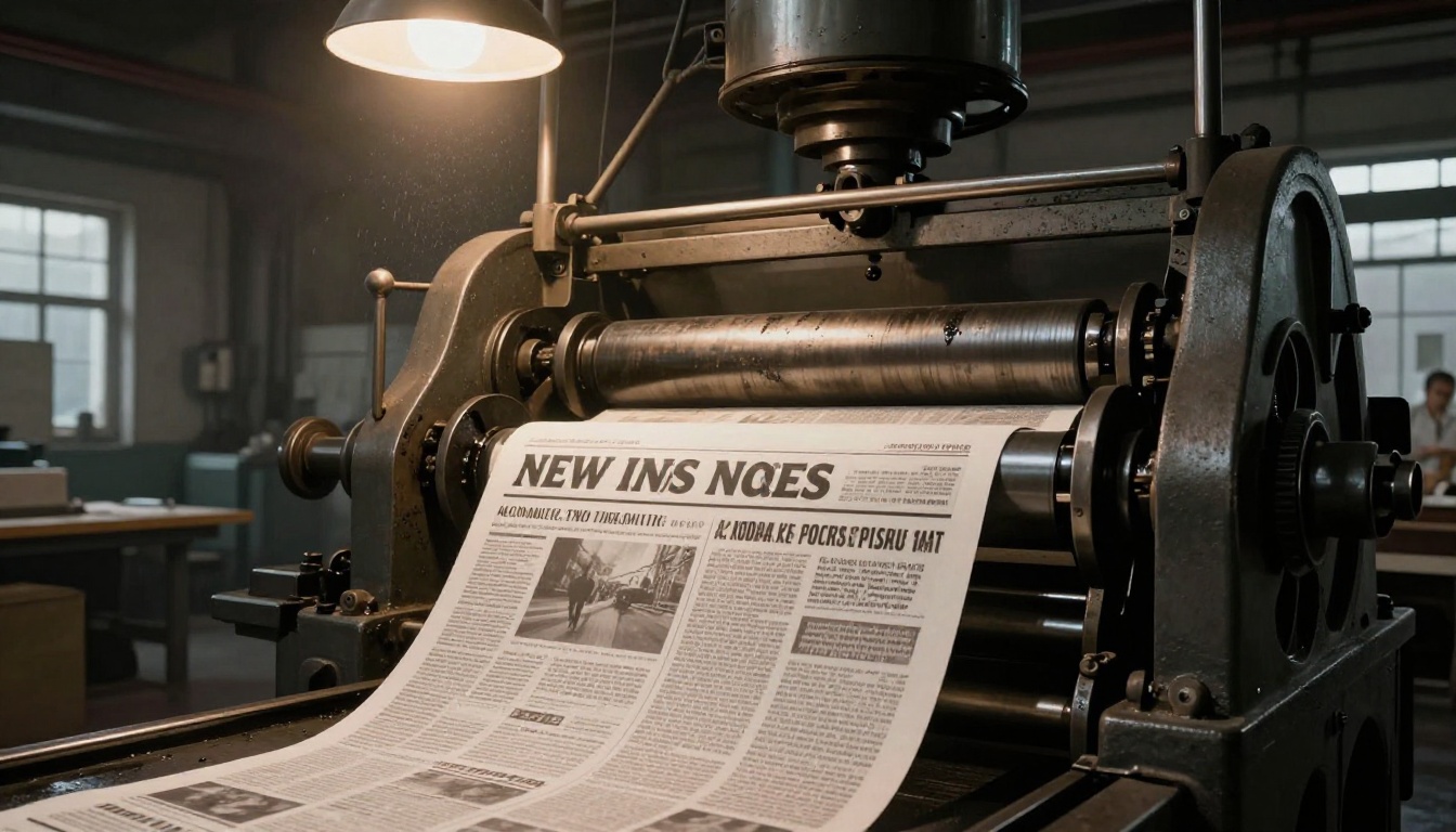Newspaper printing press with industrial volumetric lighting and paper running through rollers