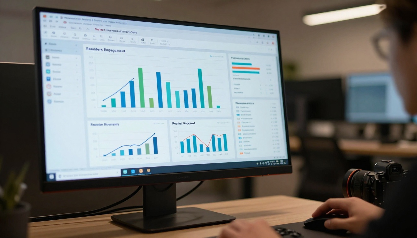 Analytics dashboard displaying newspaper readership data and session metrics on a monitor
