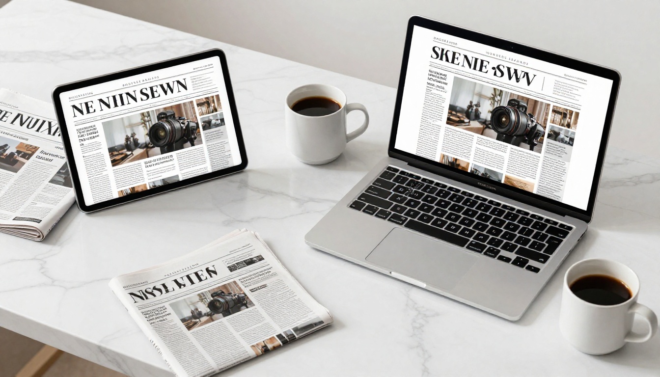 Tablet, smartphone, and laptop all displaying the same newspaper flipbook on a marble desk surface