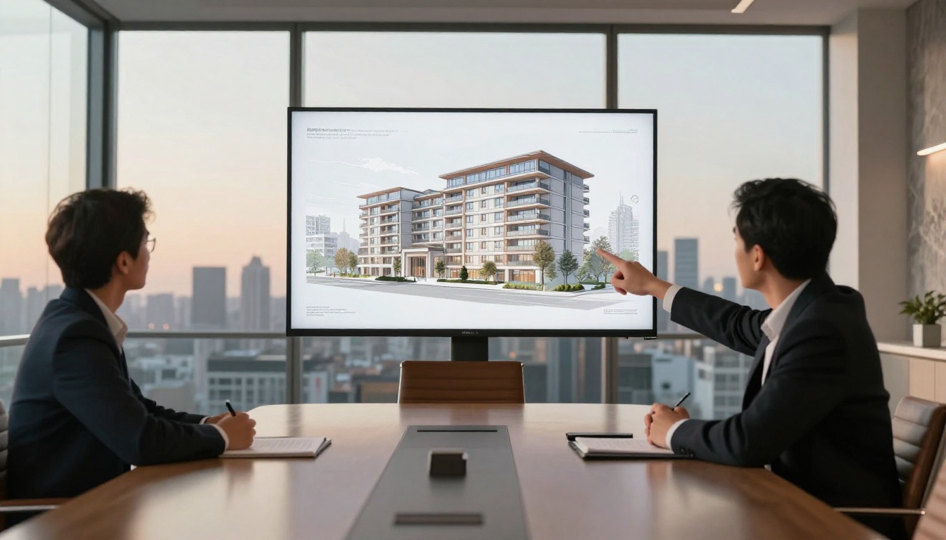An architect presenting a portfolio to clients in a modern boardroom with cityscape views