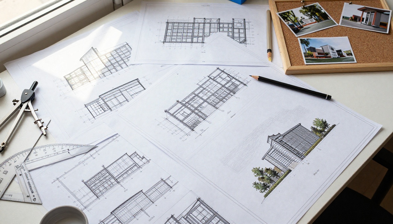 Close-up flat-lay overhead shot of architectural blueprints, elevations, and technical drawings on a desk