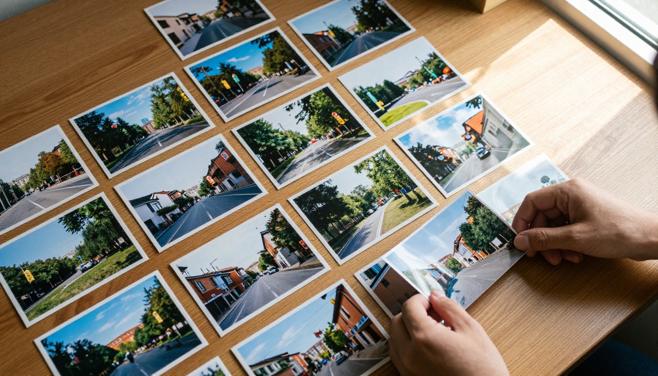 Flat lay of printed JPG photographs arranged on a wooden desk in warm daylight