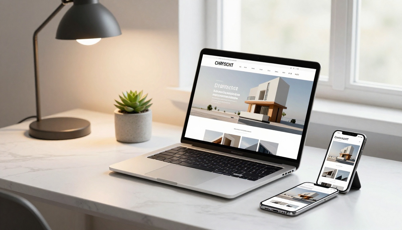 An architecture portfolio displayed across multiple devices including laptop, tablet, and phone