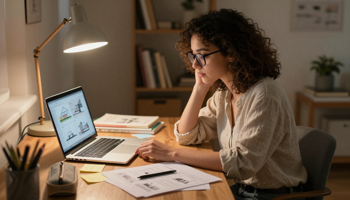 A young architecture student reviewing her digital portfolio on a laptop in a cozy study environment
