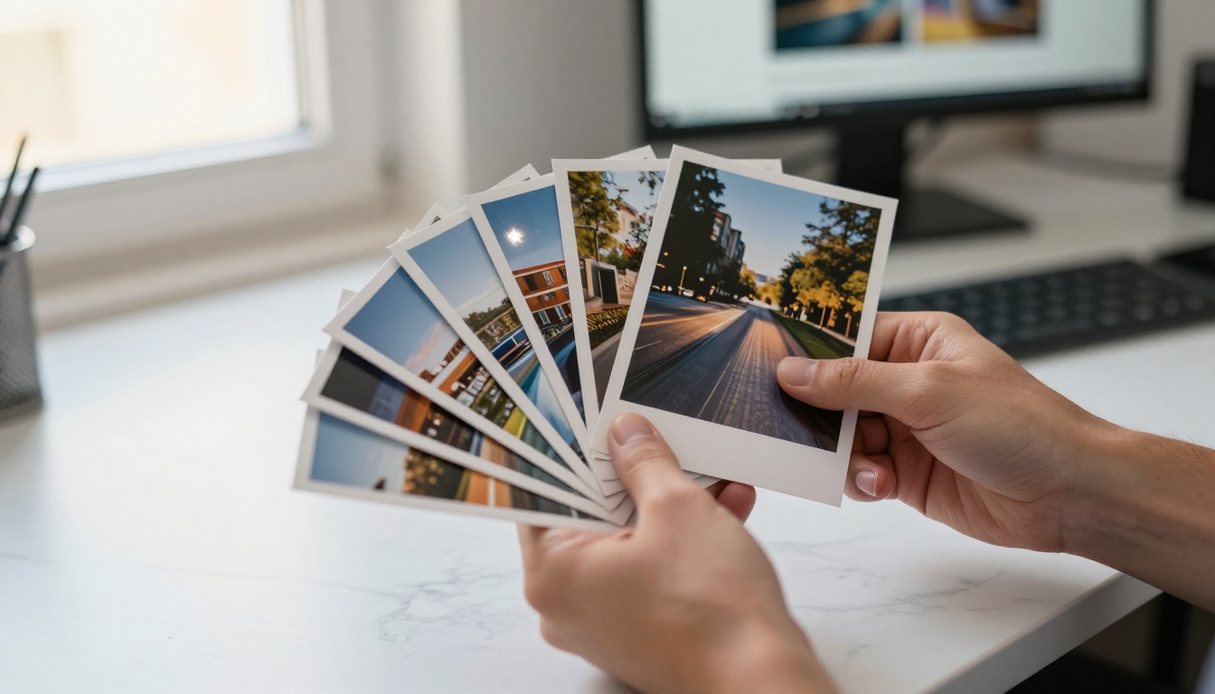 Hands holding a fan of glossy printed photographs at a bright modern workspace