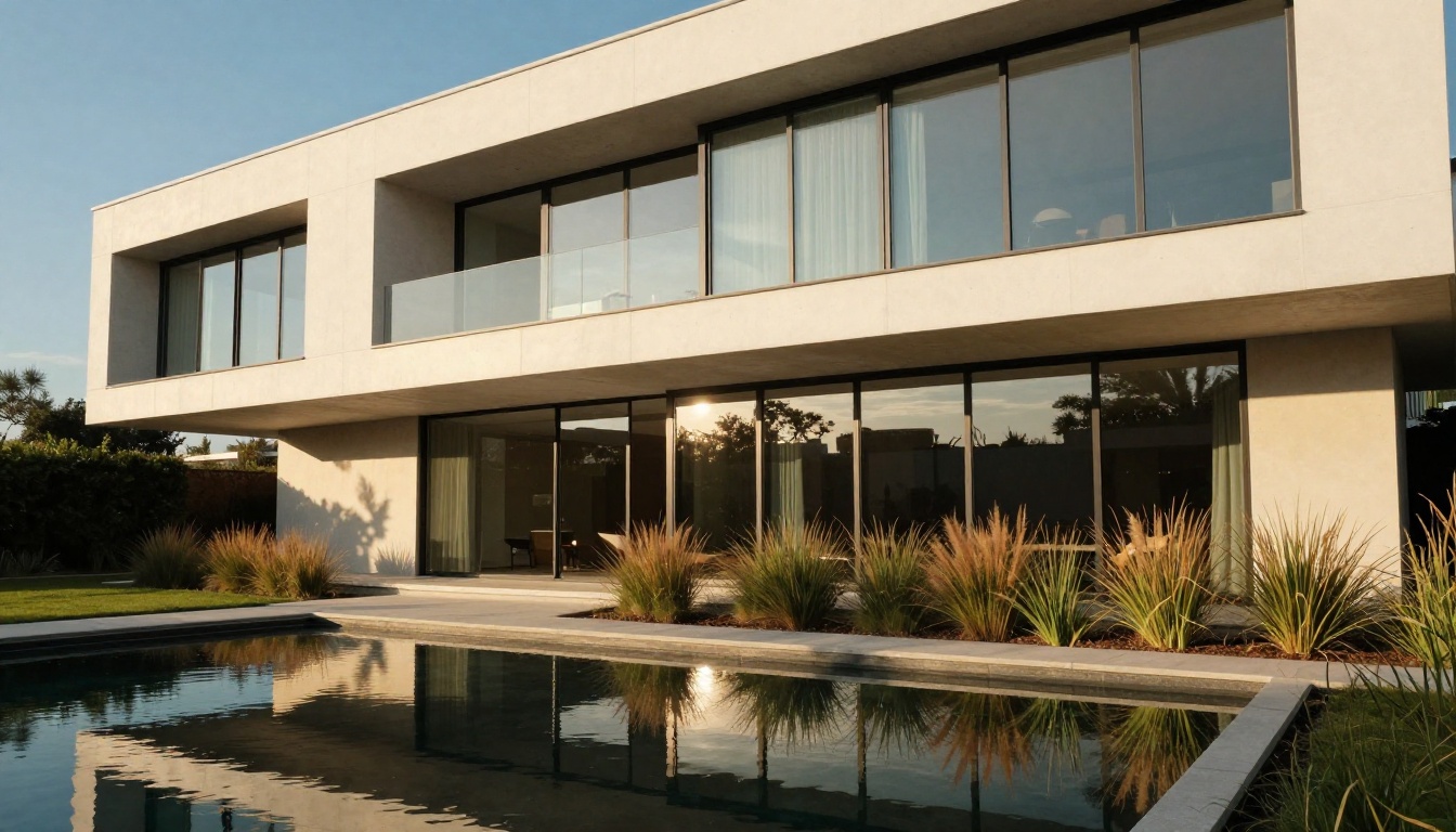 Stunning exterior of a contemporary minimalist residential building at golden hour with reflecting pool
