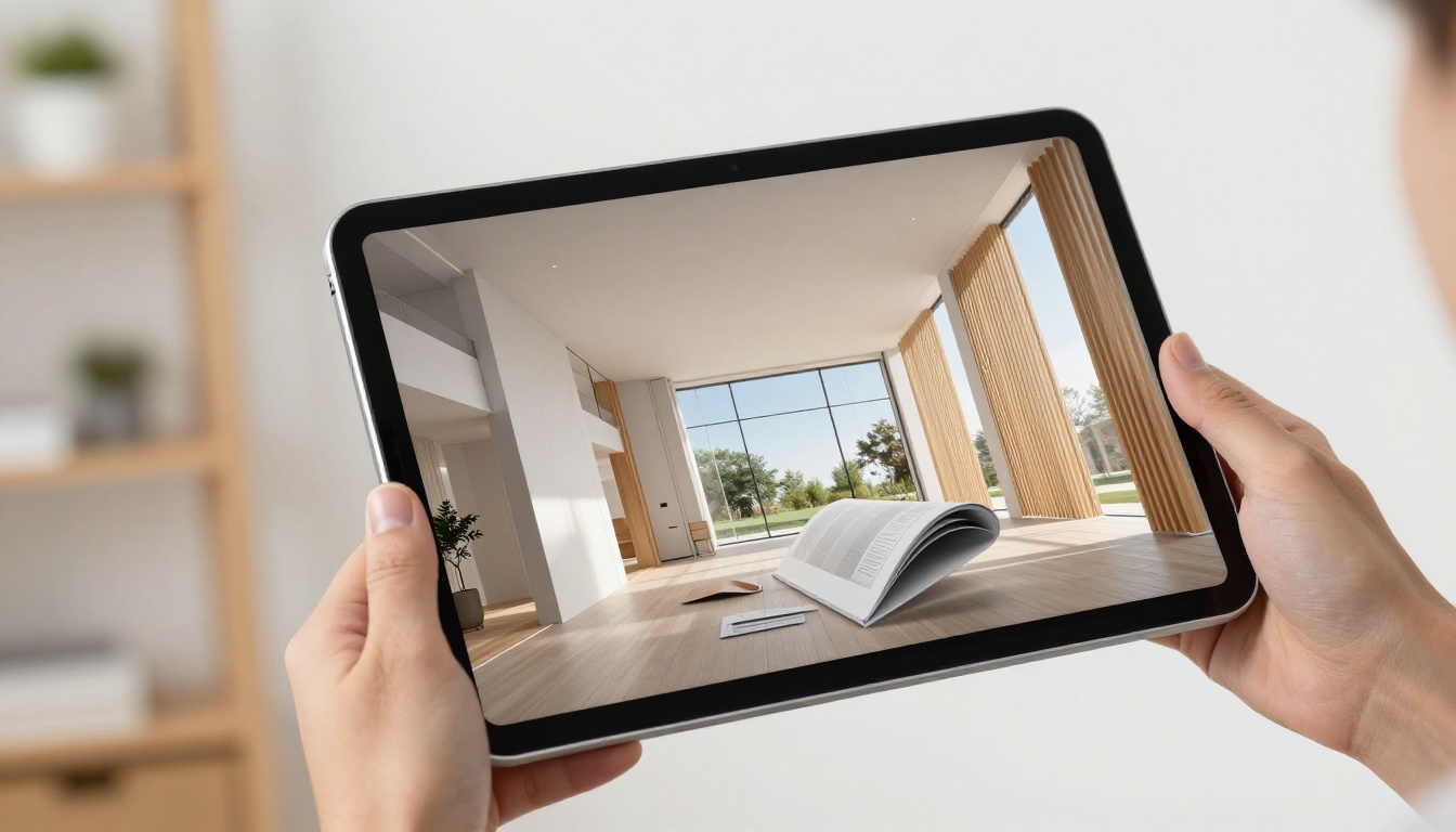 Hands holding an iPad displaying an interactive architecture portfolio flipbook with page-turn effect