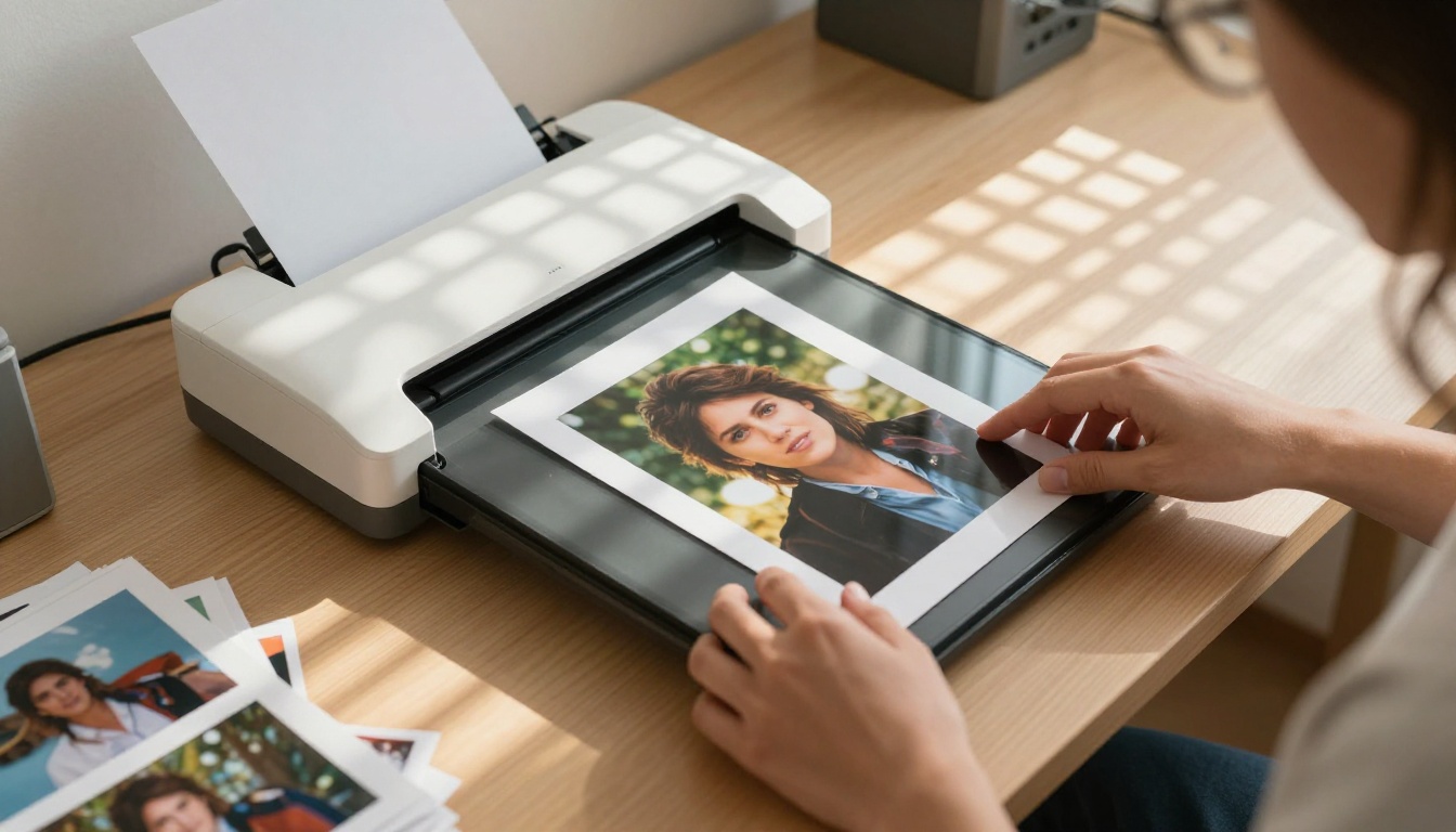 Woman carefully placing a printed photograph into a flatbed scanner on a birch wood desk
