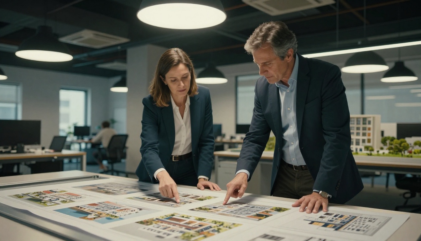 Two professional architects reviewing a portfolio spread together at a large lightbox table