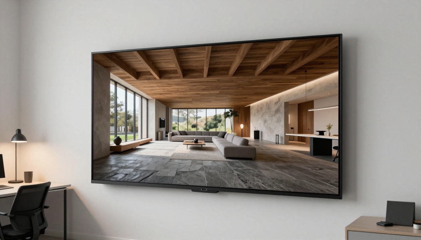 A large monitor in a contemporary architecture office displaying a full-screen portfolio presentation