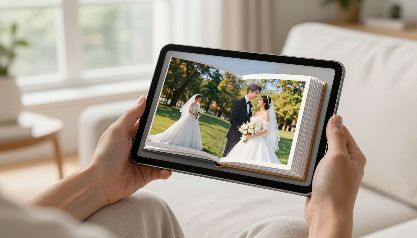 Person holding a tablet displaying a wedding photo flipbook with page mid-turn animation in a bright living room