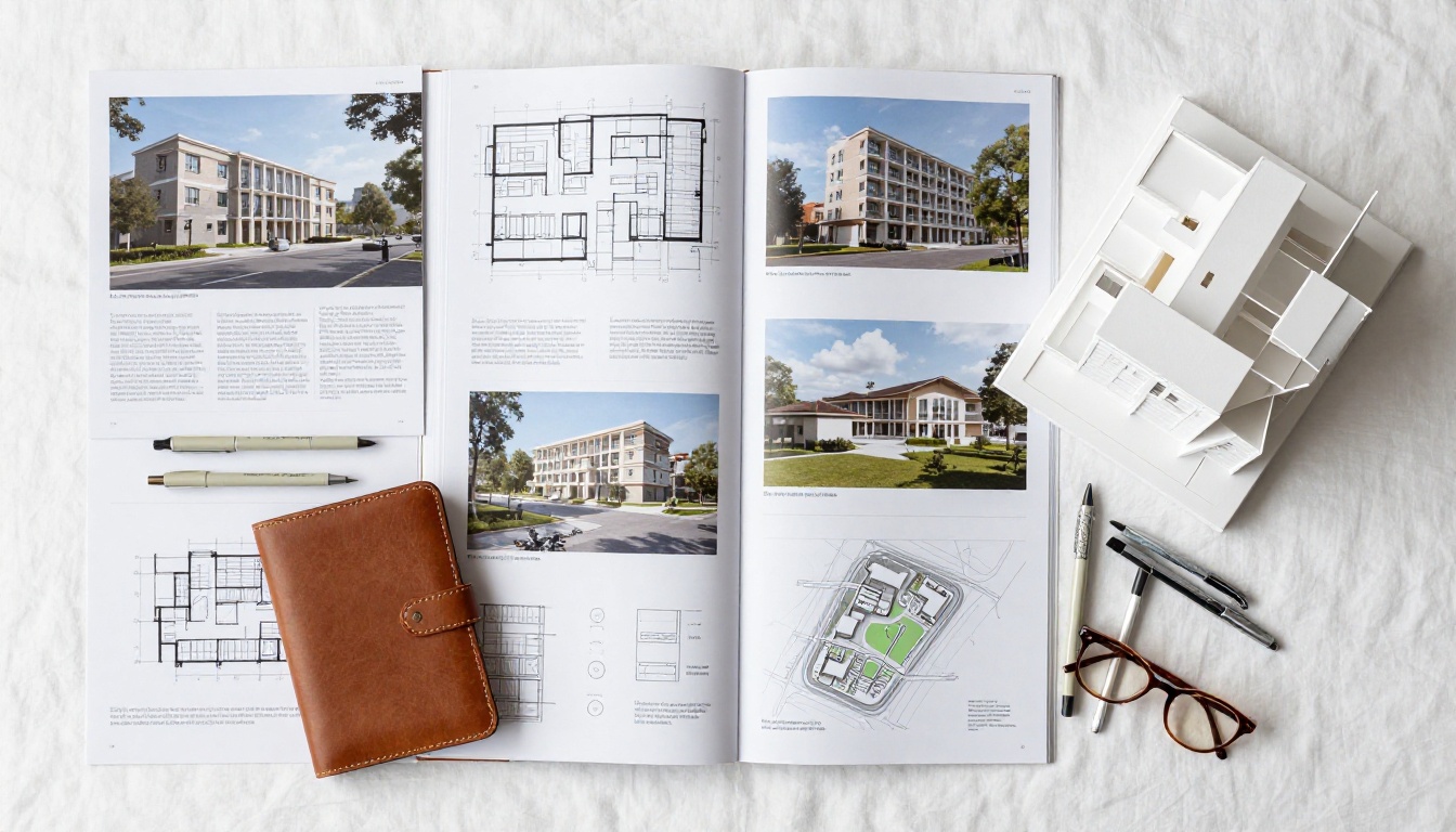 Aerial overhead flat-lay of an architecture portfolio spread with drawings, models, and design tools