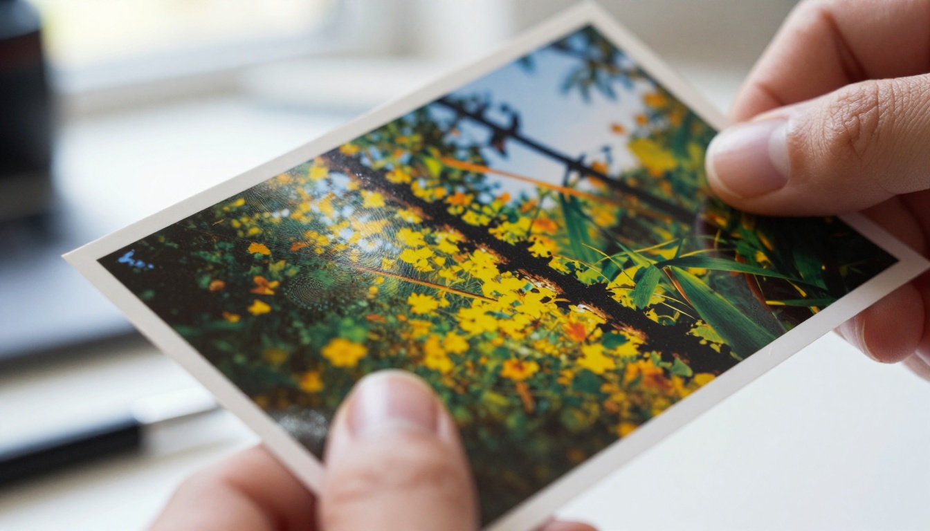 Close-up macro shot of a glossy printed photograph held between fingers with soft-focus workspace background