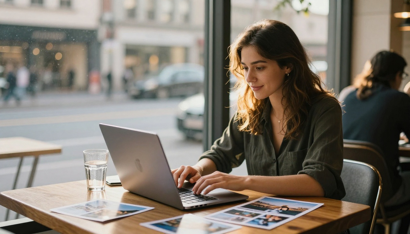 Young professional woman at a café table with MacBook open and printed travel photos spread beside it