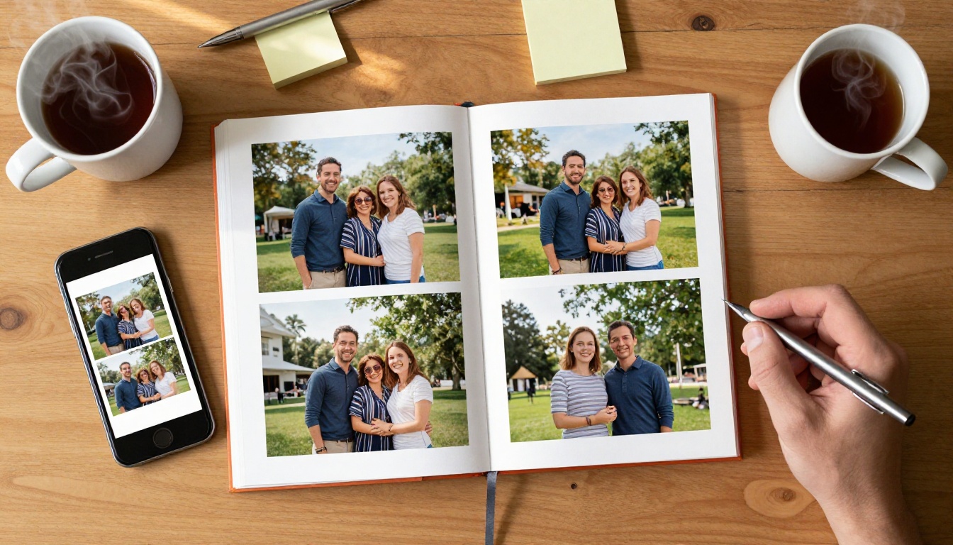 Aerial overhead view of a photo album open on an oak desk with a phone showing the digital flipbook version beside it