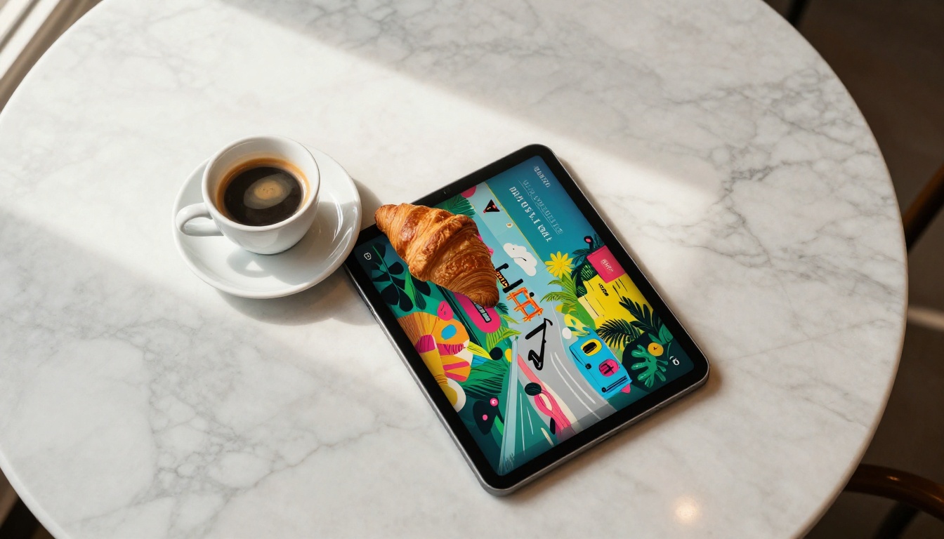 Tablet displaying interactive digital flyer on marble cafe table Tablet displaying interactive digital flyer on marble cafe table