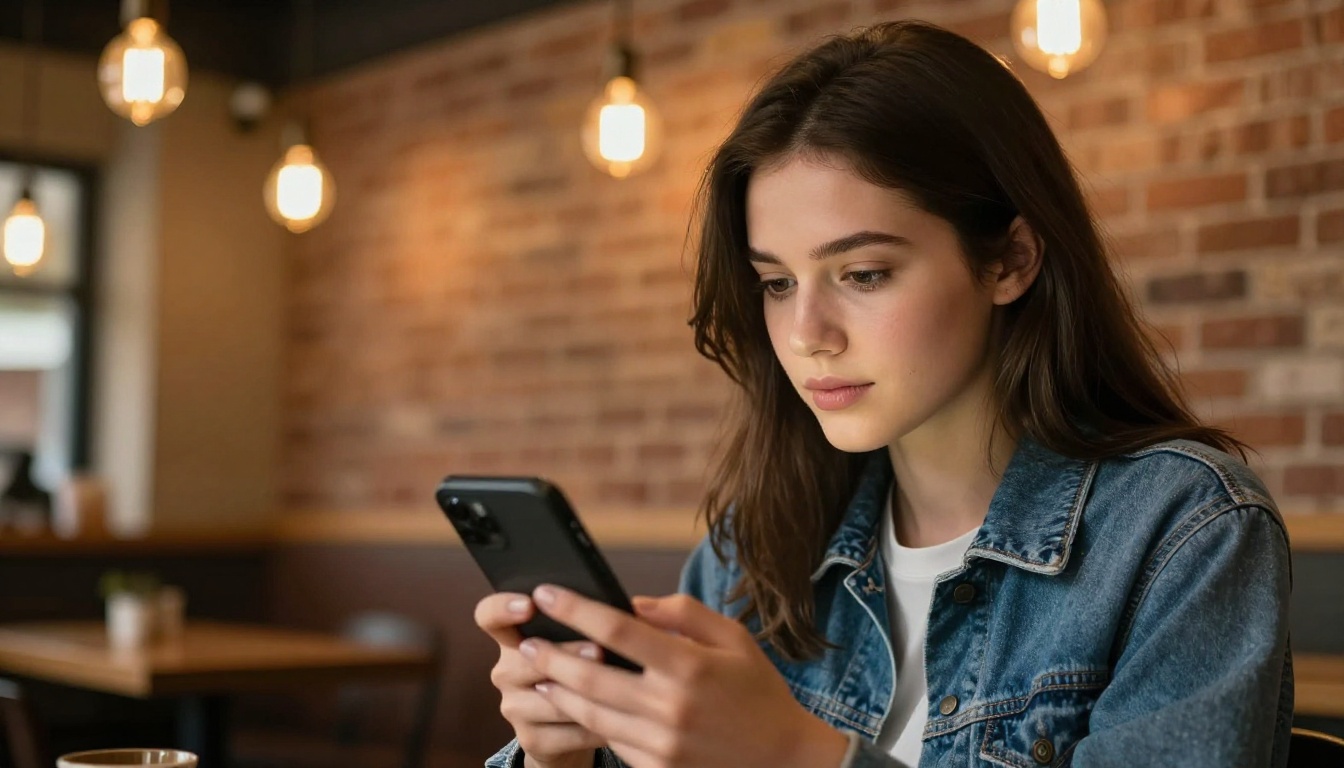 Woman browsing digital flyer on smartphone in coffee shop Woman browsing digital flyer on smartphone in coffee shop