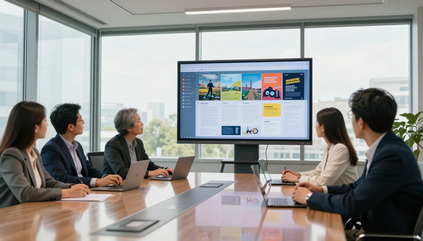 Business professionals reviewing page-flip flyer in meeting room Business professionals reviewing page-flip flyer in meeting room