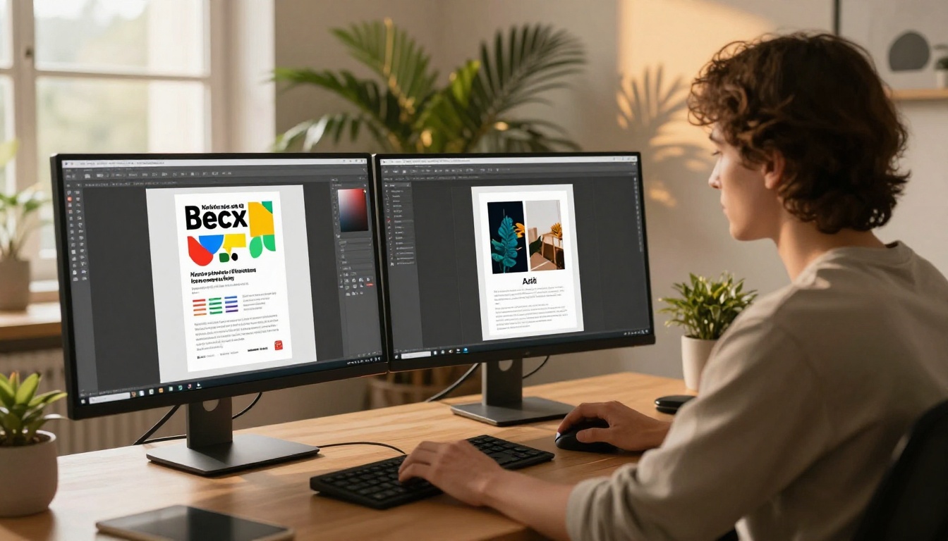 Graphic designer working at dual monitor setup previewing flipbook