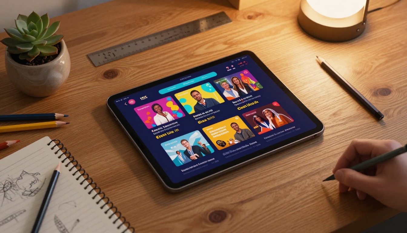 Digital tablet on wooden desk with design tools and colored pencils