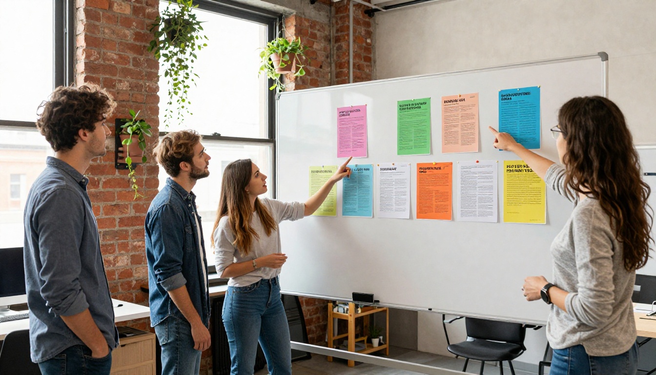 Marketing team gathered around whiteboard reviewing flyer designs