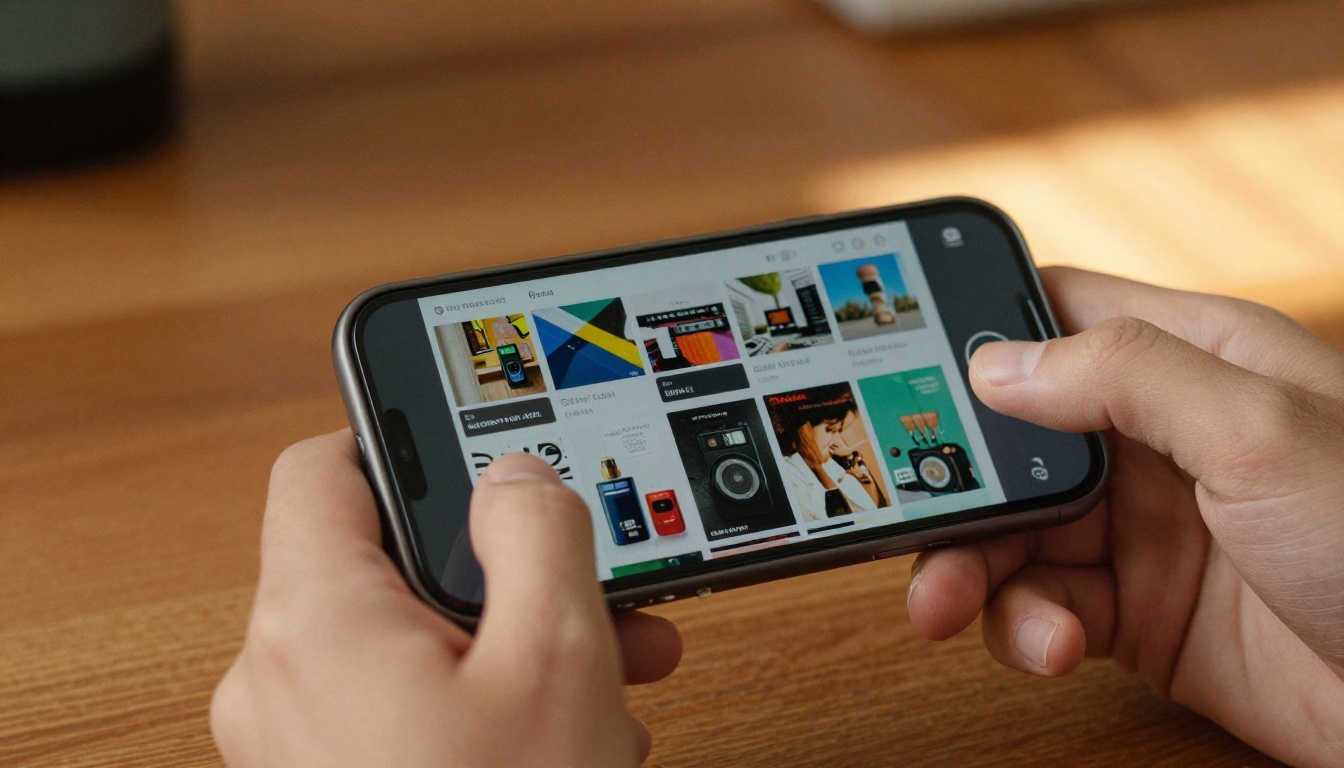 Hands holding smartphone displaying a colorful digital flipbook in landscape mode
