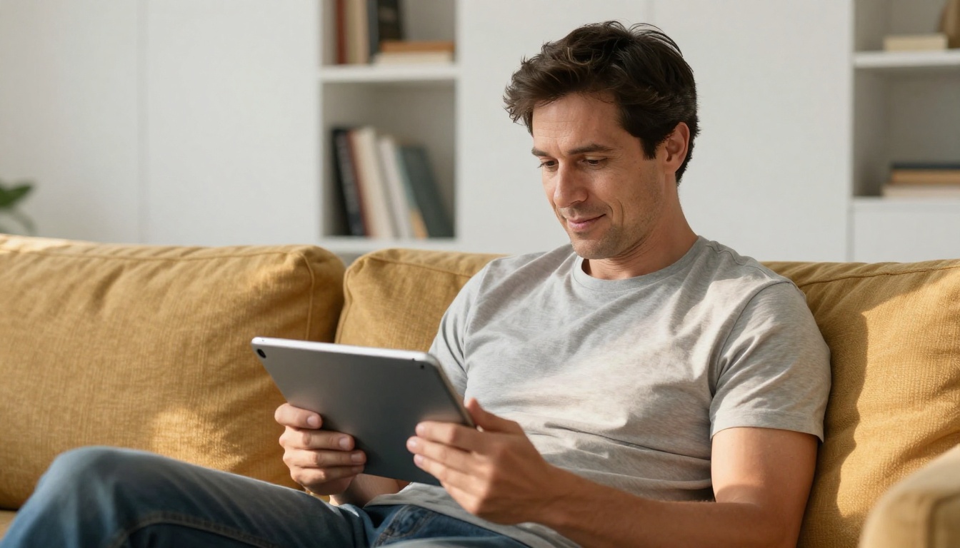 Man actively swiping through a colorful digital flipbook on a tablet in a bright modern living room with warm afternoon light