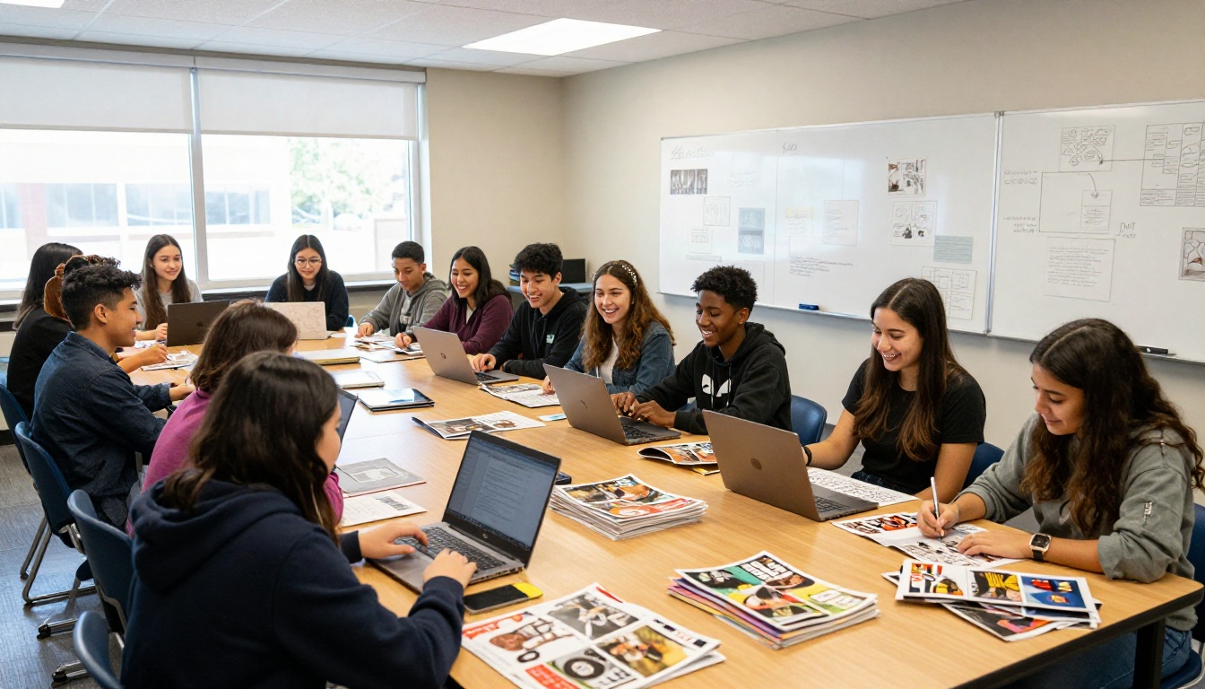 Diverse group of students collaborating on school magazine in journalism classroom Diverse group of students collaborating on school magazine in journalism classroom