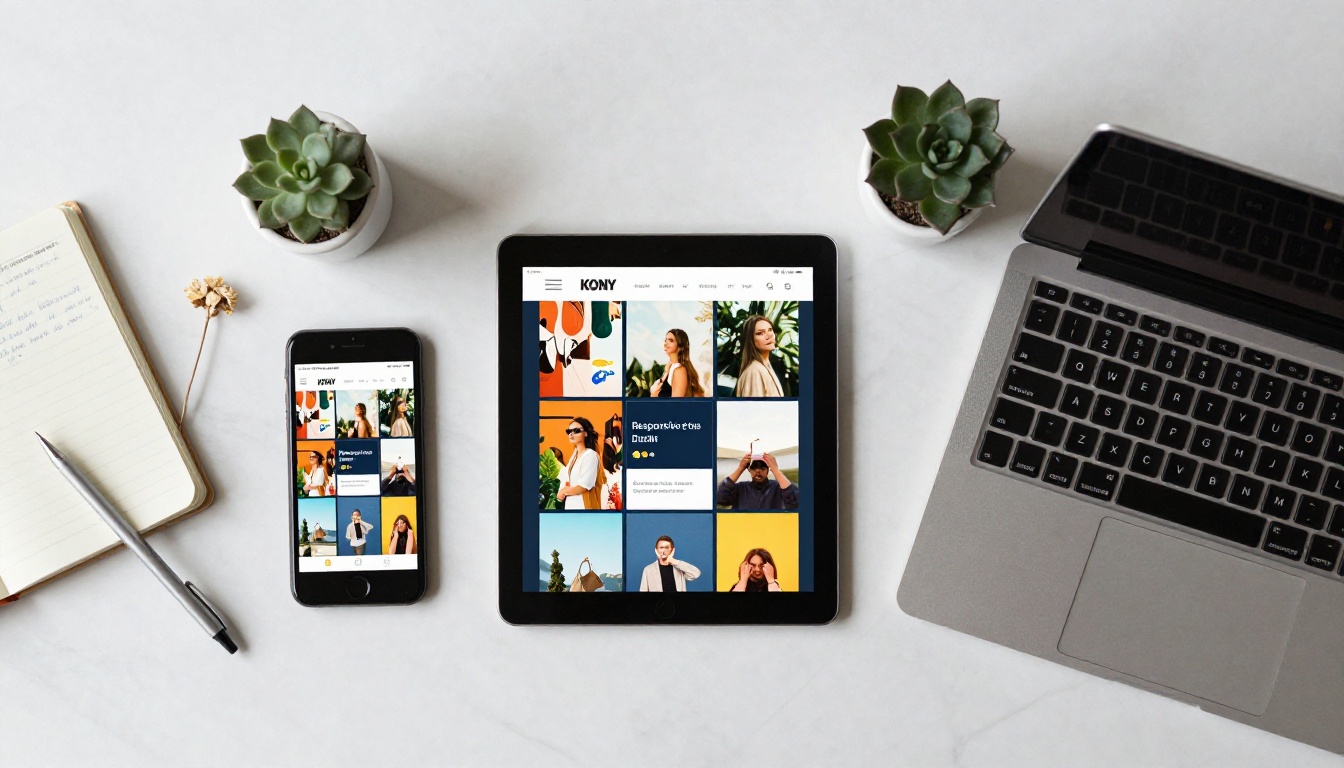 Flat lay aerial view of smartphone, tablet, and laptop all displaying the same colorful digital flipbook on white marble surface