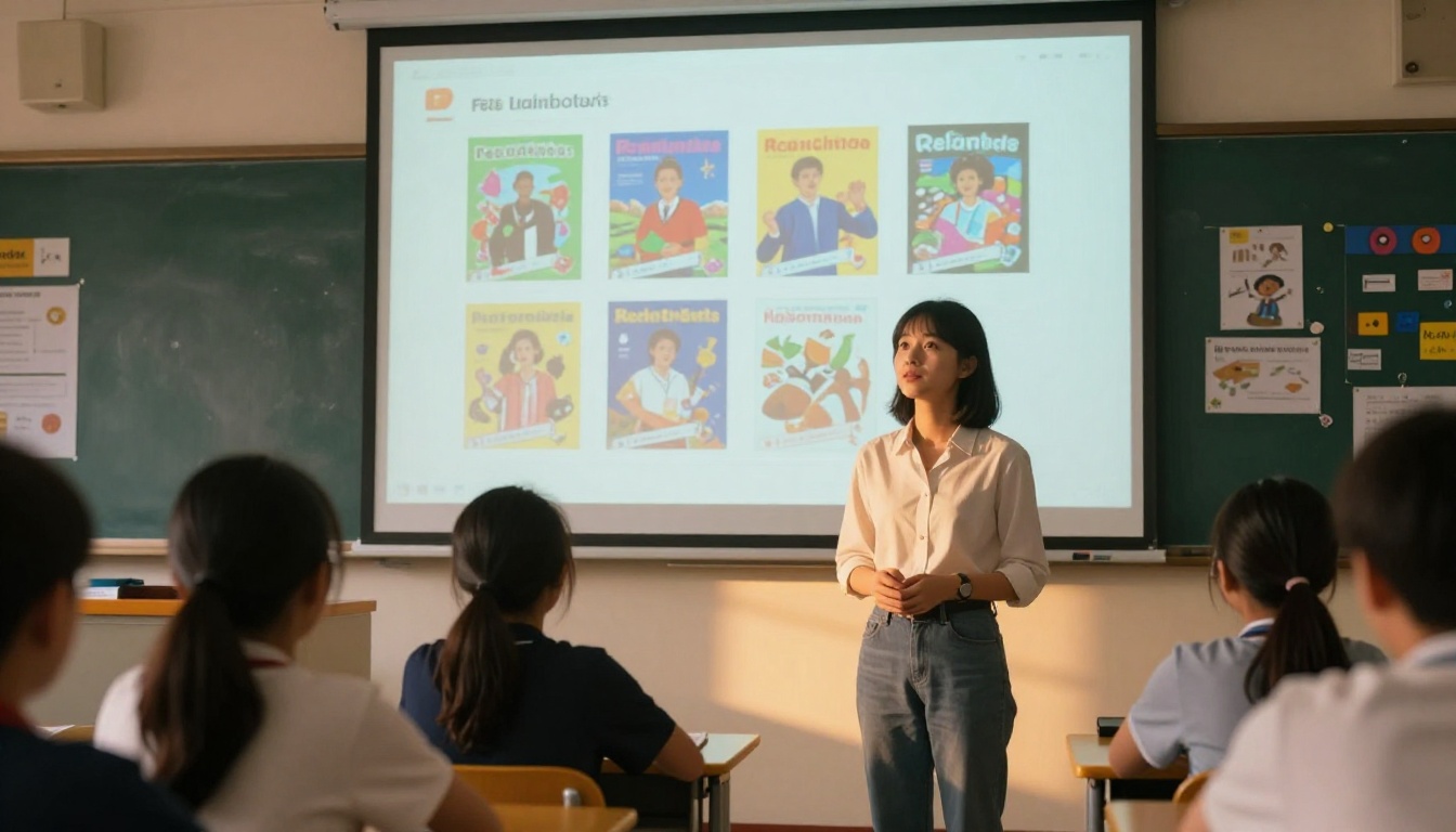 Teacher displaying school magazine flipbook on projector screen in classroom Teacher displaying school magazine flipbook on projector screen in classroom