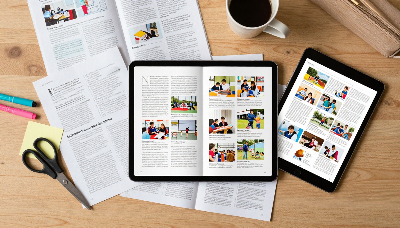 Flat-lay overhead view of school magazine materials on desk alongside tablet showing digital flipbook Flat-lay overhead view of school magazine materials on desk alongside tablet showing digital flipbook