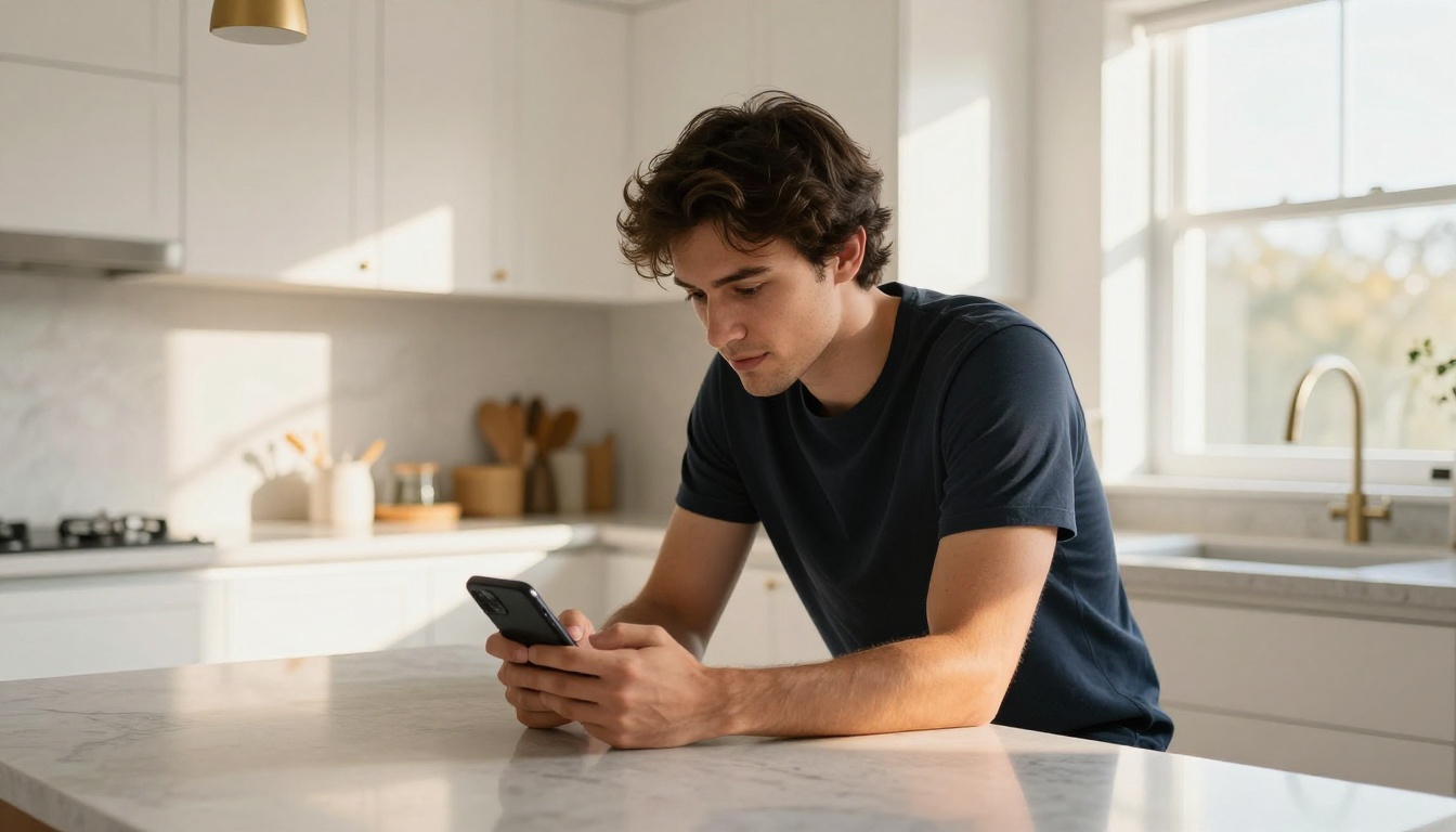Man in modern kitchen looking at smartphone with morning golden light from the right window