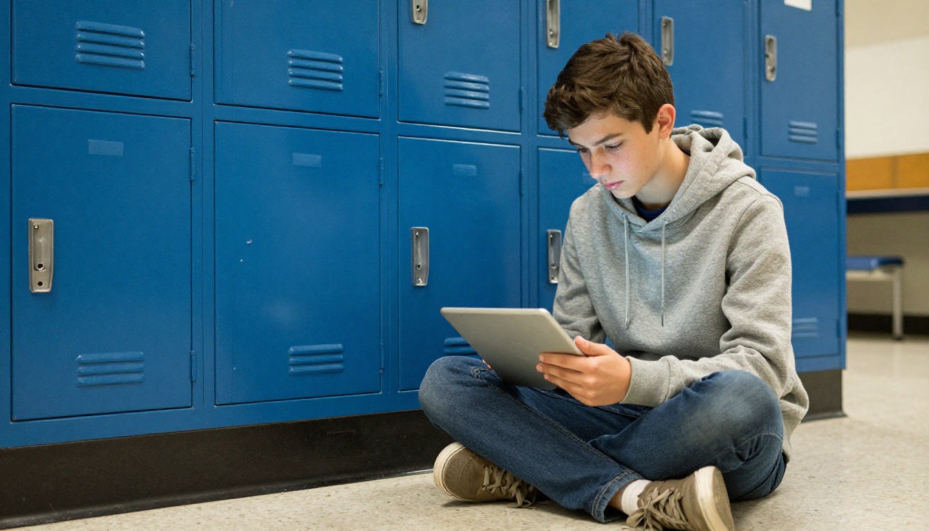 Teenage student reading school magazine flipbook on tablet in hallway Teenage student reading school magazine flipbook on tablet in hallway