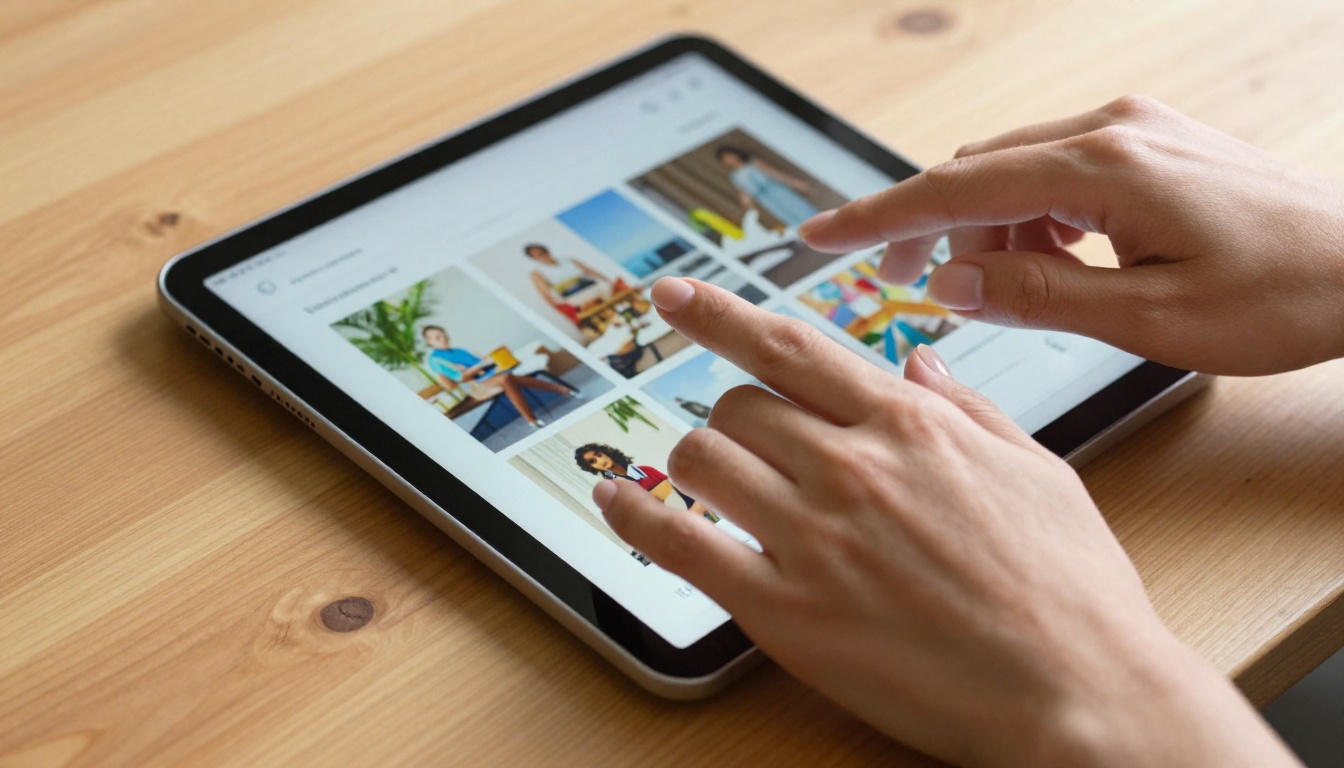 Hands performing a swipe gesture on a tablet displaying a vibrant colorful digital flipbook page on oak wood surface