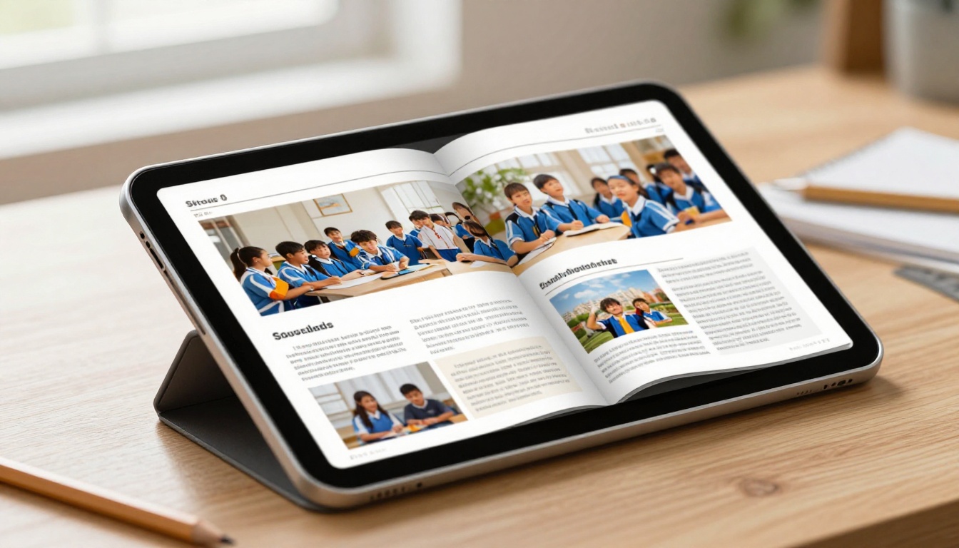 Close-up of tablet screen displaying school magazine flipbook with page curl animation Close-up of tablet screen displaying school magazine flipbook with page curl animation